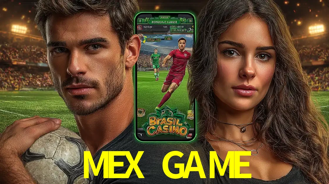 Homem segurando uma bola de futebol e uma mulher ao lado de um smartphone exibindo o jogo de apostas esportivas da MEX GAME. Faça seu palpite no cassino online.